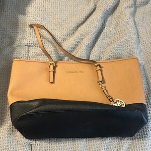 Michael Kors Tan and Black Leather Tote with Gold Chain